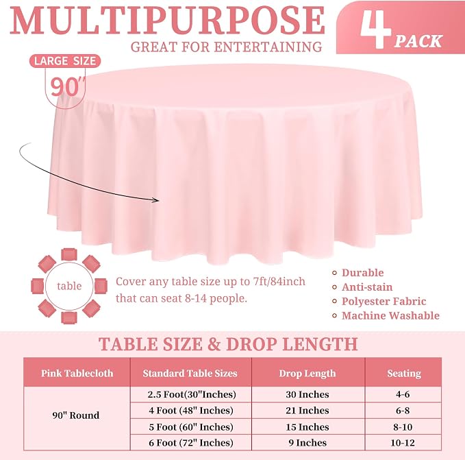 Showgeous 4 Pack Pink Round Tablecloth 90 Inch Washable Polyester Tablecloths for Round Tables Stain Resistant and Wrinkle Table Cloth Decorative Fabric Table Cover for Dining Wedding Party Banquet