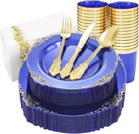 Nervure 175PCS Clear Blue Plastic Plates - Plastic Dinnerware Set Include 25Dinner Plates, 25Dessert Plates, 25Cups, 25Forks, 25Knives, 25Spoons, 25Napkins Perfect for Wedding & Party