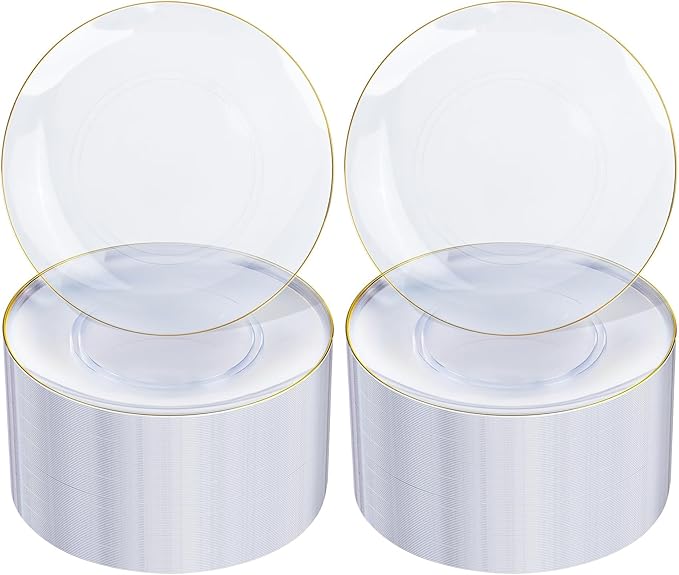Nervure 100Pieces Clear and Gold Rim Plastic Plates - 7.5inch Disposabl Salad Dessert Plate - Clear and Gold Party Plates Ideal for Wedding & Party (Pack of 2)