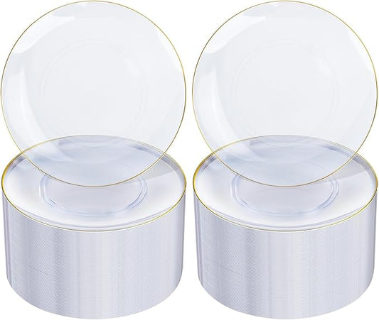 Nervure 100Pieces Clear and Gold Rim Plastic Plates - 7.5inch Disposabl Salad Dessert Plate - Clear and Gold Party Plates Ideal for Wedding & Party (Pack of 2)