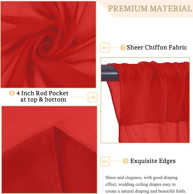 MODFUNS 4 Panels Red Ceiling Drapes 5FTx20FT Chiffon Fabric Draping Fabric Sheer Wedding Ceiling Drapery Chiffon Curtains for Backdrop Swag Drape Curtains for Wedding Arches Anniversary Tent Draping