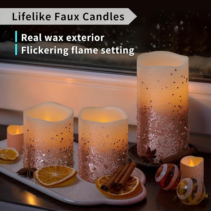 FURORA LIGHTING Pink Glitter LED Candles, 8-Pack Set with Remote & Timer | Includes 4 pillars and 4 votives. Beautiful pink starry glow perfect for bedrooms, vanity tables, and decor.