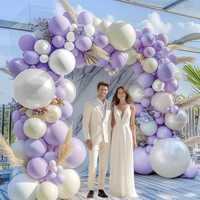 Pastel Purple White Balloon Garland - Double Stuffed Lavender Light Purple Cream Balloon Arch Kit Pearl Lilac White Ivory Color for Birthday Baby Shower Bridal Wedding Butterfly Fairy Party Decor