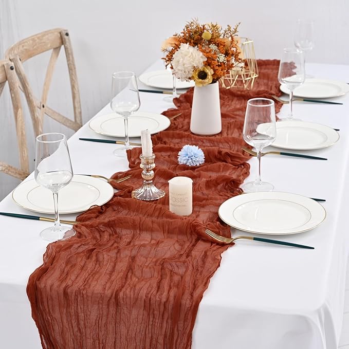 24 Pack Terracotta Cheesecloth Table Runner,10FT Boho Gauze Table Runner,35x120inch Rustic Table Runners for Wedding Party Bridal Shower Thanksgiving Christmas Boho Table Decoration