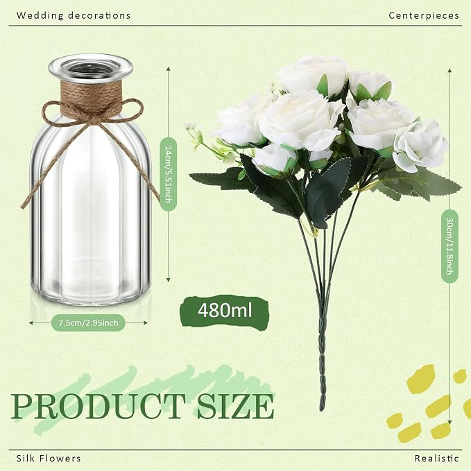 10 Sets Vintage Glass Vases Centerpiece Table Decorations with Rose Flower Farmhouse Centerpiece for Friendsgiving Party Decorations Table Wedding Reception Bridal Shower Decor