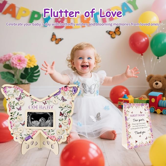 Butterfly Baby Shower Decorations,Purple A Little Butterfly Is On Her Way Baby Shower Guest Book Alternatives with Pen,Photo Frame and 60 Heart Wood Slices for 60 Guests,Gender Reveal Decorations
