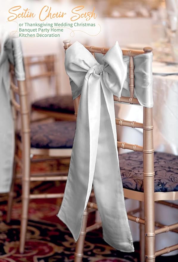 120 PCS Silver Satin Chair Sashes, Ties Bows Designed Chairs Decorative, Chair Cover Sashes for Thanksgiving Wedding Christmas Banquet Party Home Kitchen Decoration (7 x 108 inch)