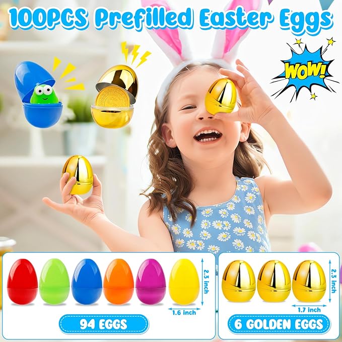 Adisher [ 6 Surprise Golden Eggs ] 100 PACK Prefilled Easter Egg Fillers, Easter Basket Stuffers Egg Hunt with Toys Goodie Bags Stuffers Party Favors Classroom Prize Supplies for Kids