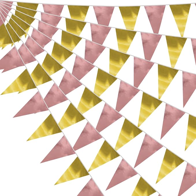 130FT Matte Rosegold LightGold Triangle Pennant Banner Flag Metallic Fabric Bunting Garland for Christmas Graduation Wedding Anniversary Bachelorette Birthday Bridal Shower Valentines Party Supplies