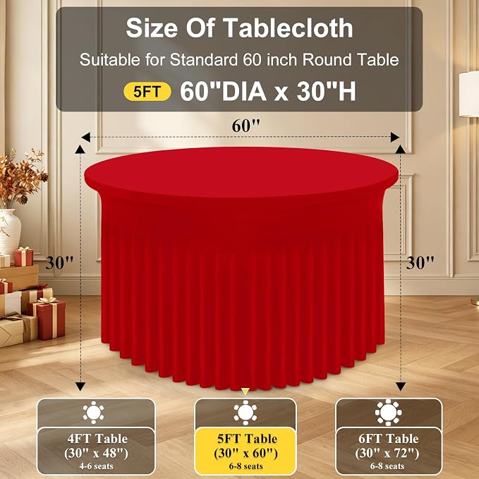 Smiry Round Spandex Tablecloth, Elastic Fitted Washable Tablecloths for 60 Round Tables, Waterpoof Stretch Table Cover Skirt for Outdoor, Wedding, Banquet & Parties, Red