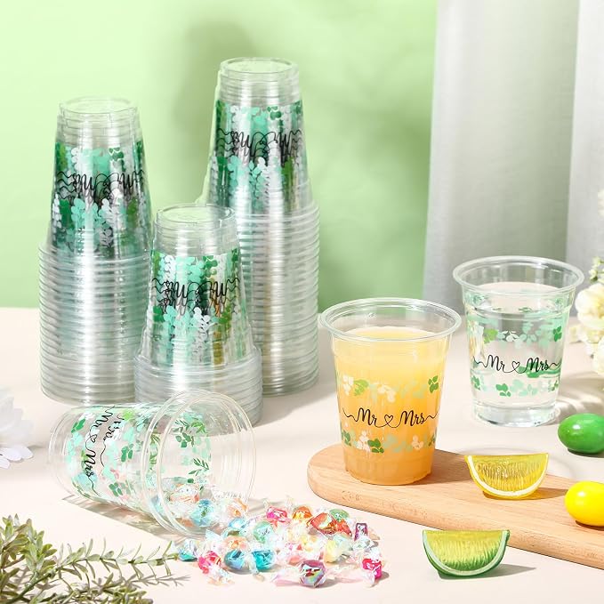 Funnymoom 60 Pack Mr and Mrs Wedding Cups 12 oz Sage Green Eucalyptus Disposable Clear Plastic Drinking Cups for Wedding Bridal Shower Engagement Boho Greenery Party Decorations Supplies