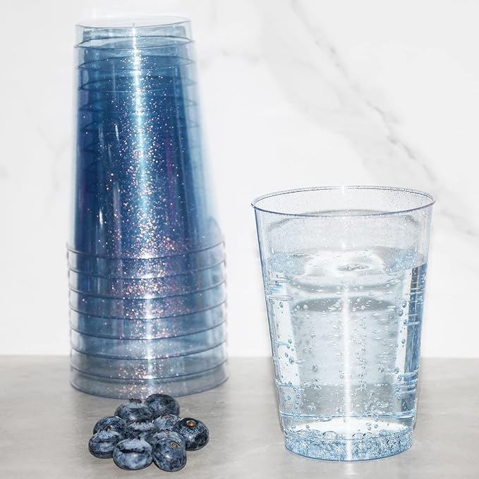 Homy Feel 12 Oz Blue Glitter Plastic Cups - 50PCS Disposable Cocktail & Wine Cups for Wedding Party