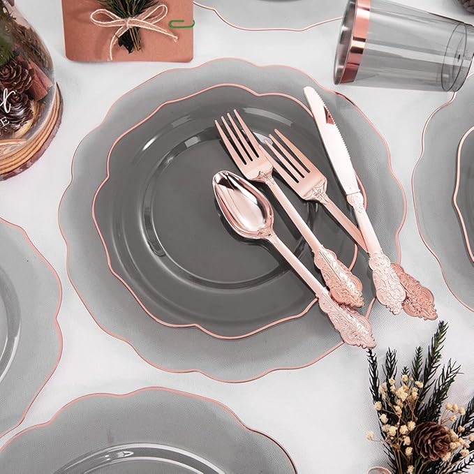 BUCLA 30Guests Clear Black Plastic Plates With Rose Gold Silverware & Cups - Rose Gold Rim Plastic Dinnerware Ideal for Party & Mother's Day