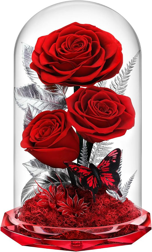 Forever Roses in Glass Dome - Preserved Flowers,Birthday for Her Women Valentine's Day, Mother's Day, Anniversary A-Grade Red Roses, Home Decor for Girlfriend,Wife, Mom (Red)
