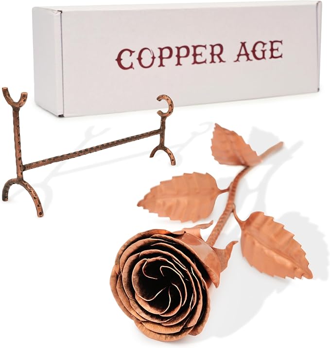 Copper Rose with Stand for 7th or 22nd Anniversary – Handmade Pure Copper Flower with Hammered Stand – Romantic Wedding Gift for Wife or Her