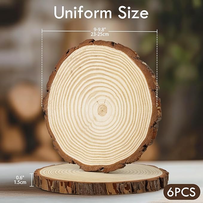 Large Unfinished Natural Wood Slices - 6 Pcs Natural Round Discs Rustic Wood Slices 9-9.8 Inch Wooden Tree Bark Discs for DIY Crafts Centerpieces Table Base Decoration Wedding Ornaments Coasters