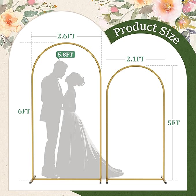 Metal Arch Backdrop Stand 2 Set (6FT/5FT), Gold Wedding Arch Frame, Balloon Arch Stand for Wedding, Baby Shower, Birthday, Ceremony, Party Decor