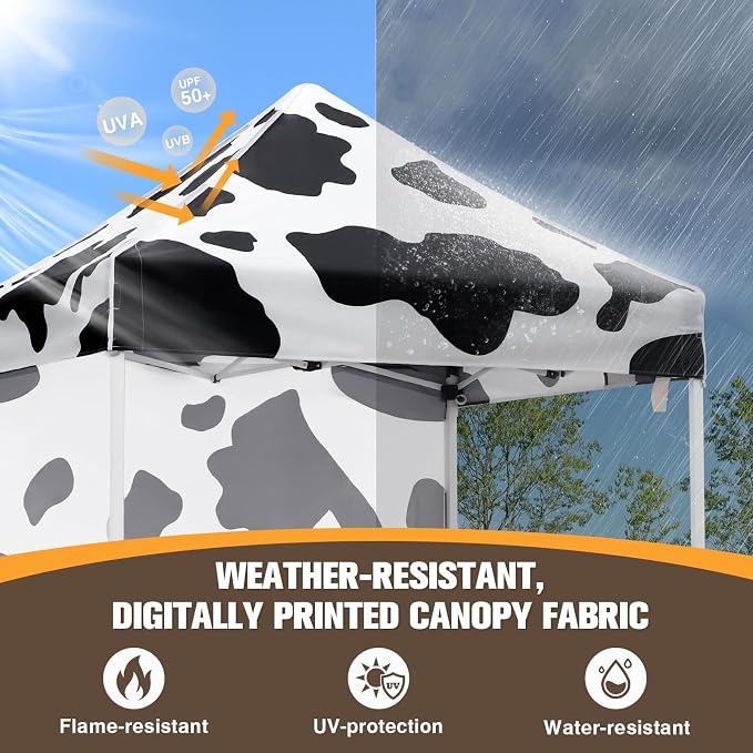 EAGLE PEAK Pop up Canopy 5x5, Outdoor Portable Canopy Tent with One Removable Sunwall, Carry Bag Included, Cow Print