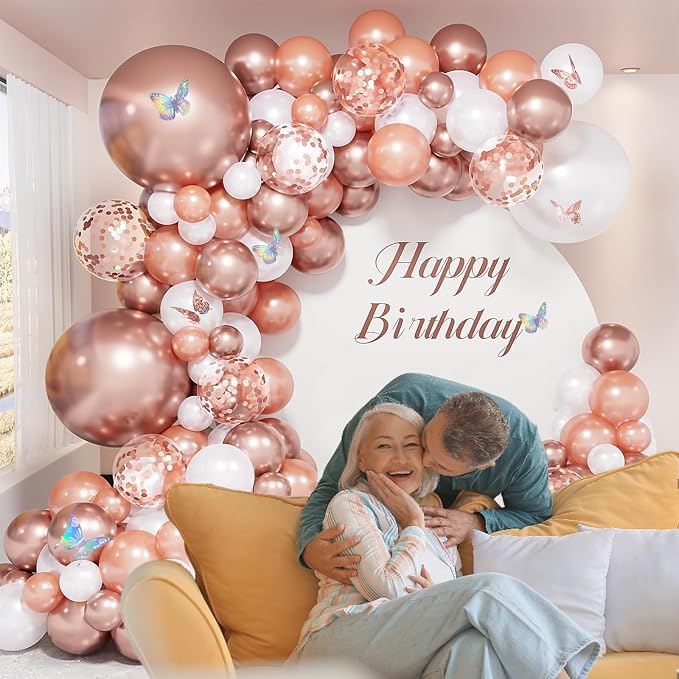 255 Pcs Rose Gold 70th Birthday Decorations for Women – Party Decoration Supplies Kit with “Happy Birthday” Banner, Balloons, Crown, Sash, Cake Topper, Tableware & Fringe Curtain for 25 Guests