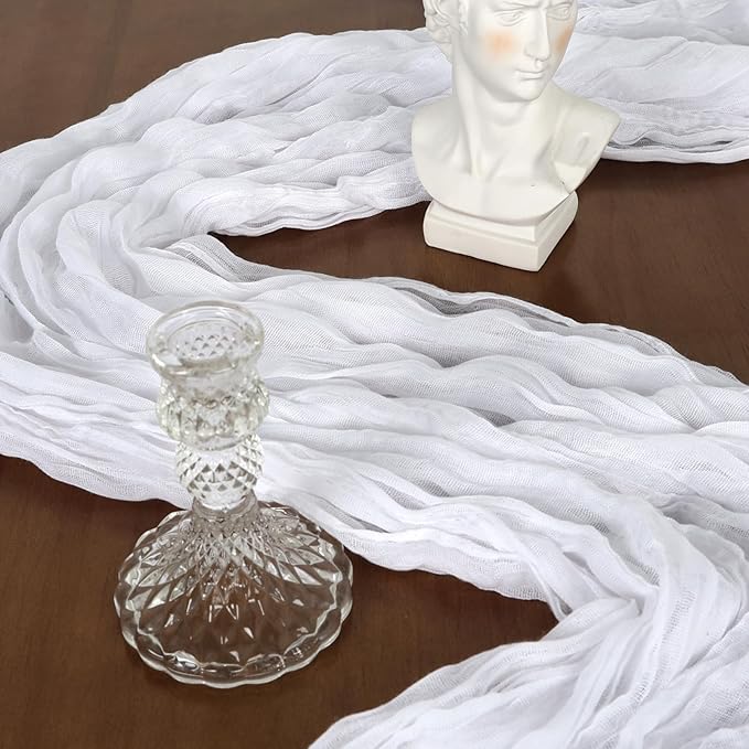 12 Pack 10FT White Cheesecloth Table Runner 120 Inch Long Gauze Rustic Boho Spring Cheese Cloth Table Runner Sheer Fabric Decorations for Holiday Party Wedding Banquet Bridal Baby Shower Décor