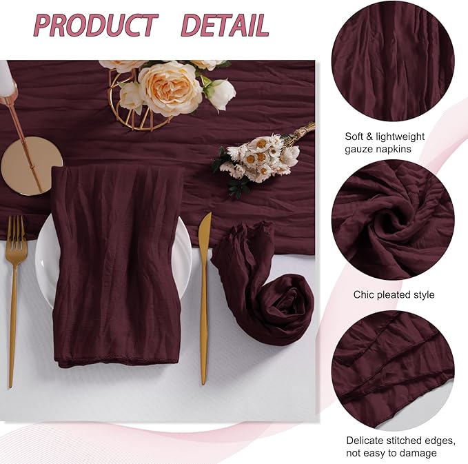 LZY 120 Pack Gauze Cheesecloth Napkins 20x20 Inch Dinner Cloth Napkins, Soft Boho Table Napkins Rustic Wrinkled Cheese Cloth Napkins Bulk for Wedding Party Baby Shower Event Decor (Burgundy)
