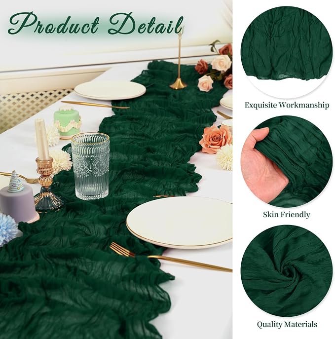 20 Pack Cheesecloth Table Runner 17 x 108 inch Long Boho Gauze Table Runners Semi Sheer Table Runner for Wedding Decor, Baby Shower, Birthday Party, Banquet (Emerald Green)