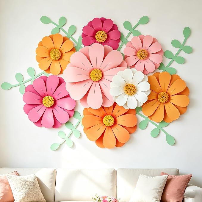 SUNBEAUTY Daisy Paper Flowers Party Decorations, Party Flower Decorations, Orange Yellow Flowers Wall Hanging, 1st Birthday Bridal Baby Shower Wedding Classroom Tea Party Daisy Décor