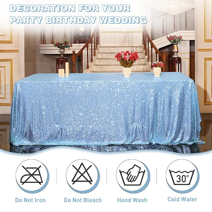 Eternal Beauty Baby Blue Tablecloth, 50x80 Inch Sequin Rectangle Table Cover for Cake Dessert Exhibition Party Birthday Events