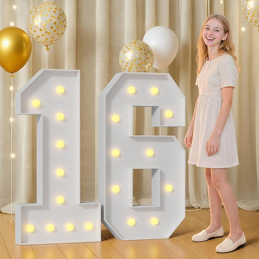 4FT 16 Marquee Numbers 16 Light Up Numbers for Party Large Foam Cardboard Warm White Light Sign Backdrop Sweet 16 Birthday Party Decorations