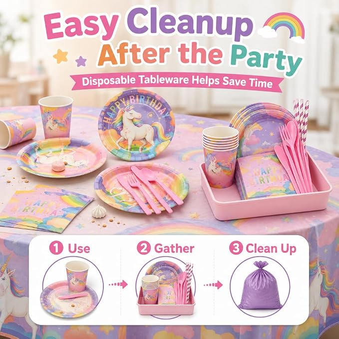 Unicorn Birthday Party Supplies, 146 PCS Rainbow Party Decorations Tableware Kit Serves 24 Guests with Plates, Cups, Napkins, Banner, Cutlery, Tablecloth & Straws for Kids Girls Boys