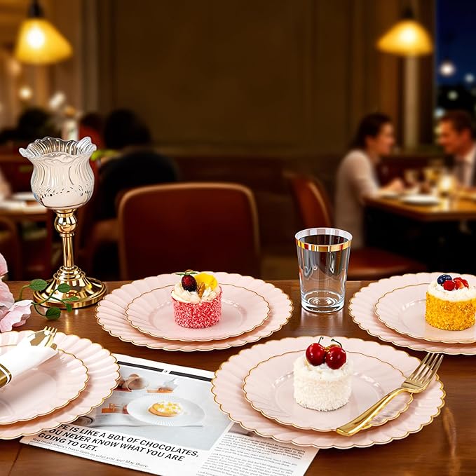 YOUBET 350PCS Pink Scalloped Plastic Plates - Pink and Gold Disposable Dinnerware Set Include 100 Plates, 150 Gold Silverware, 50 Cups, 50 Napkins for Wedding & Party Mothers Day