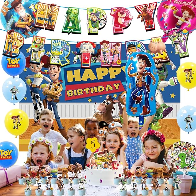 Toy theme birthday decorations,145 Pcs party supplies.Include Birthday Banner, Backdrop, Hanging Swirls, Balloons, Cupcake Toppers, Tablecloth.