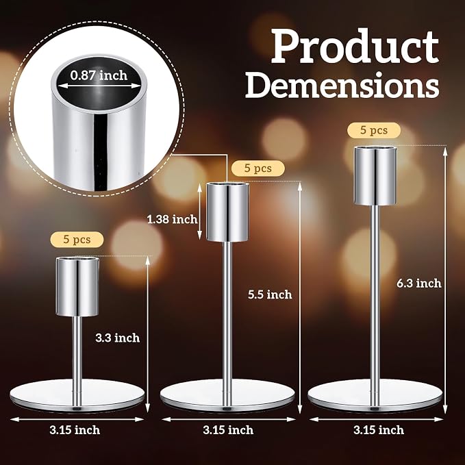 Sieral Candle Holders Bulk Taper Candlesticks Holders Set Modern Decorative Metal Candelabras for Wedding Anniversary Home Dinning Table Centerpiece Xmas Party Decor(Silver,15 Pcs)