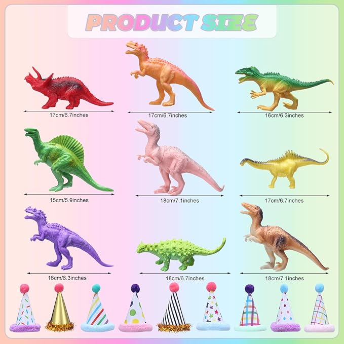 Colingmill 18 Pcs Colorful Dinosaur Birthday Party Decorations Mini Birthday Hat Animal Figure Model Cake Toppers with Mini Hat for Animals Themed Party
