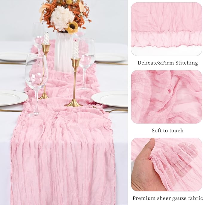 30 Pack Pink Table Runner 10Ft Cheesecloth Table Runner Boho Gauze Table Runner Long Cheese Cloth Table Runner Romantic Sheer Fabric Table Runners for Wedding Party Bridal Shower