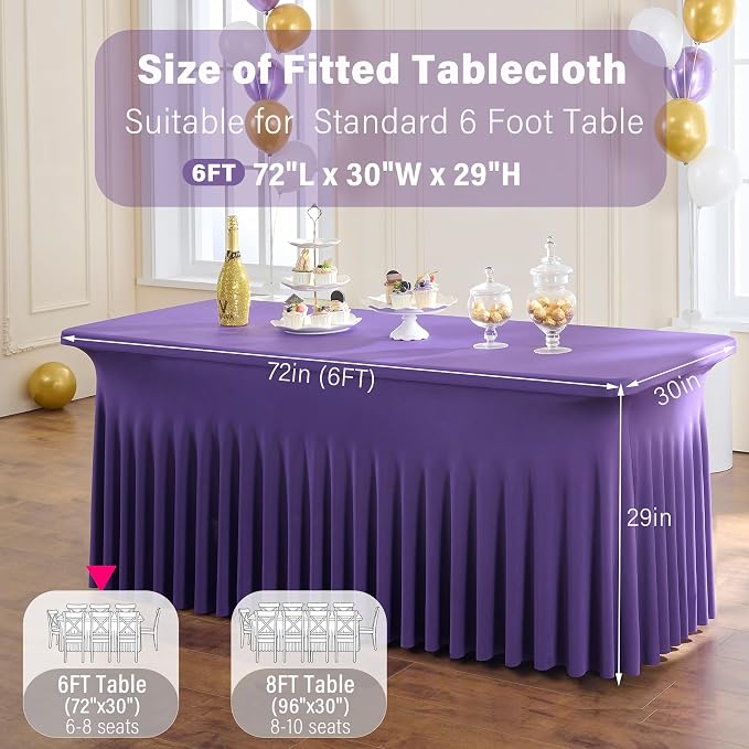 2 Pack Purple Spandex Table Clothes for 6 Foot Rectangle Tables, Wrinkle Free Fitted Table Cover 6ft Stretch Tablecloths Desk Skirt for Parties Weddings Birthday Banquet Baby Shower