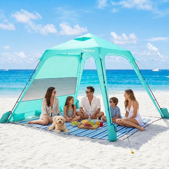 Slsy Beach Tent 10 x 10 FT, Beach Shelter with Removable Side Wall, UPF 50+ Sun Protection Canopy Cabana, Easy Setup Shade with Sandbags, Stakes & Guy Lines, Wind Resistant, Fits 6-8 People