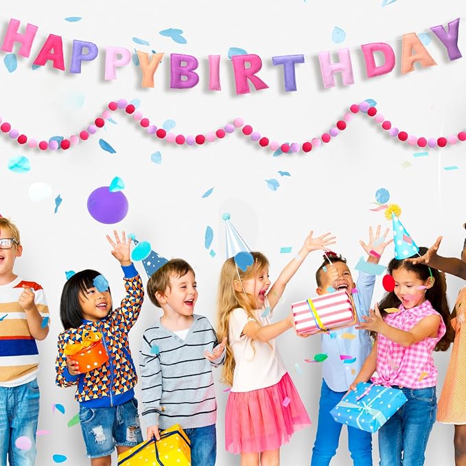 Mindsoft 2 Pcs 9.83ft Pre Strung 3D Happy Birthday Felt Fabric Banner with Ball Garland Reusable Pom Pom Garland for Birthday Party Decorations Sign Photo Prop Boys Girls(Pink Purple Color)