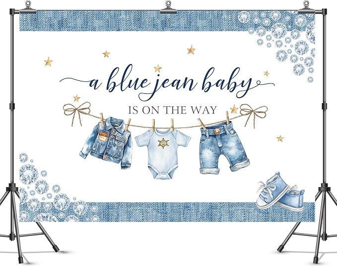 Baby Shower Backdrop A Blue Jean Baby is On The Way Denim Diamond Clothes Photography Background for Newborn Shower Party Decoration Cake Table Banner Supplies Photo Booth Studio Props 7x5ft