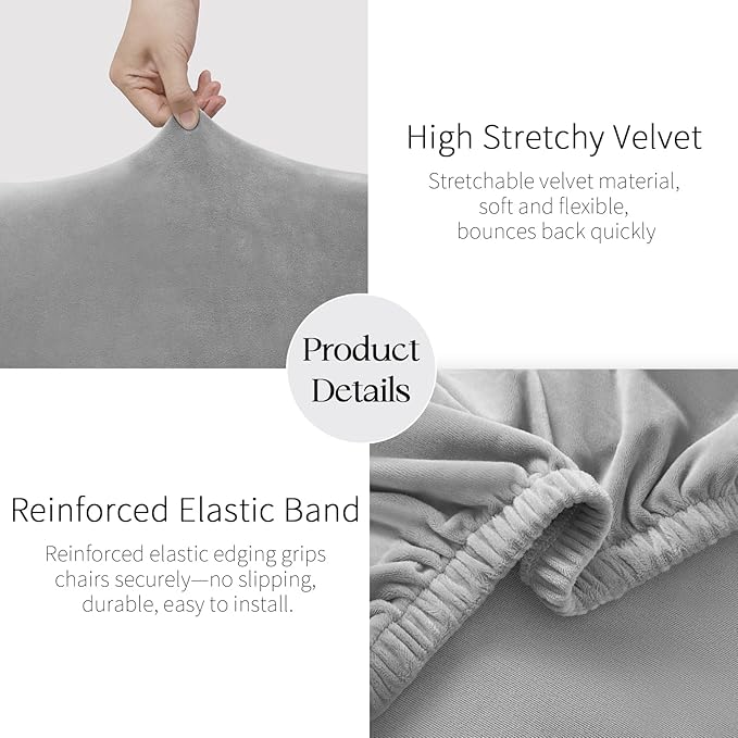 MOSAYT Velvet Stretch Chair Covers for Dining Room Set of 6 - Soft Slipcovers with Thick Removable Fabric for Parsons Chairs, Washable Seat Protectors for Kitchen, Banquet & Home Decor, Silver Grey