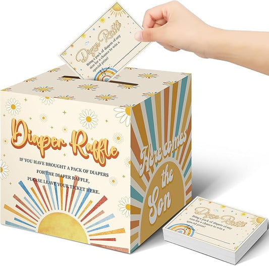 Teling 51 Pieces Diaper Raffle Tickets with Card Box Baby Shower Decorations Baby Shower Holder Box for Girl Boy Diaper Raffle Party(Here Comes the Son)