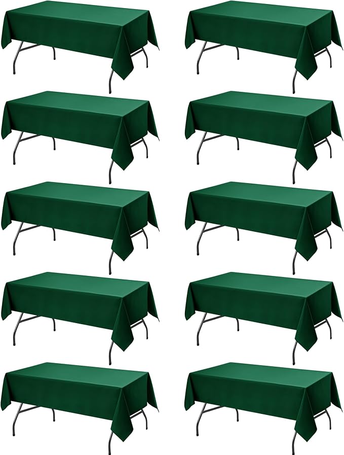 10-Pack Hunter Green Tablecloths for Rectangle Tables, 60 x 102 Inches, Stain-Resistant Polyester Fabric for 6 Foot Tables - Washable Table Covers for Weddings, Birthday Parties, Events