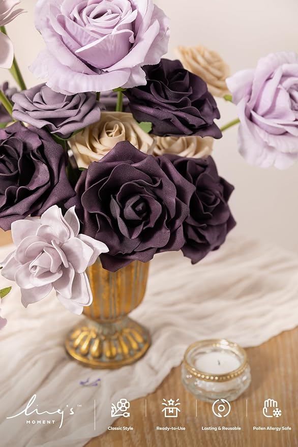 Ling's moment Artificial Flowers Fake Silk Roses Faux Foam Gardenia Combo for DIY Wedding Bouquets Centerpieces Arrangements Bridal Shower Party Home Decorations, Purple & Pale Lavender, 23pcs
