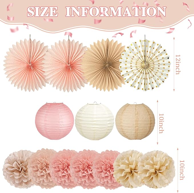 ADLKGG Champagne Gold Pink Party Decorations, 14 Pcs Hanging Paper Fans, Lanterns, Pom Poms, Neutral Boho Backdrop for Baby Shower, Birthday, Bridal Shower, Wedding, Spring Party