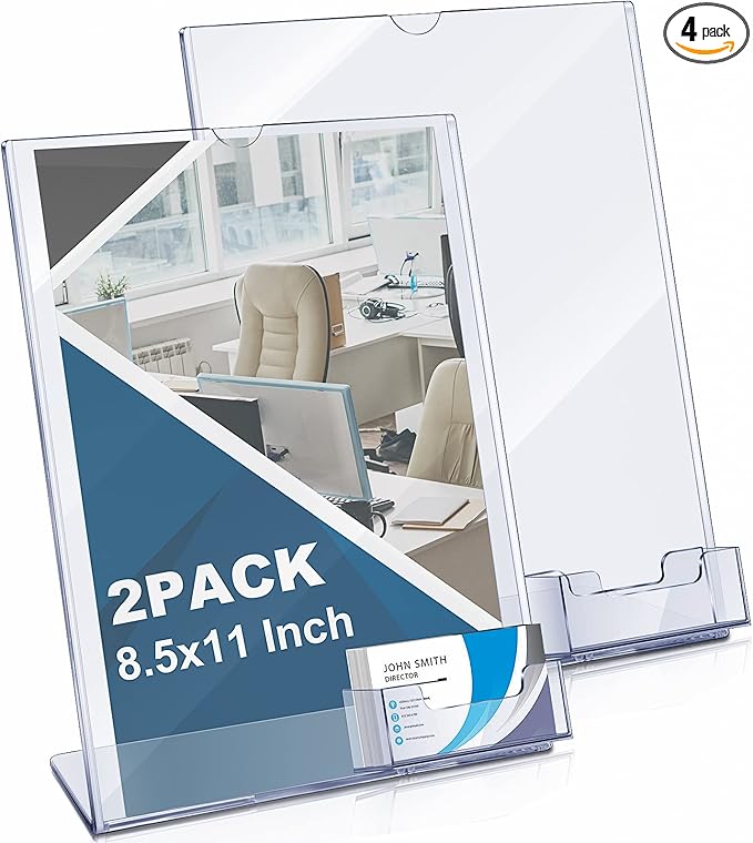 Vicenpal Acrylic Flyer Stand Sign Holder with Business Card Holder 8.5 x 11 Clear Brochure Display Stand with Business Card Pocket for Magazine Pamphlet Booklets Menu Desktop(4 Pcs)