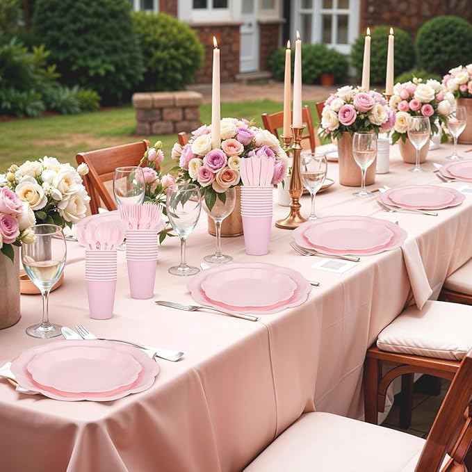 NatNarr 350 Pcs Pink Paper Plates and Napkins Set Include 9" Mothers Day Plates, 7" Dessert Plate Disposable Scalloped Tableware Serve 50 Guest for Wedding Baby Bridal Shower Birthday