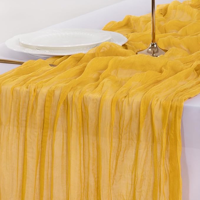 Socomi 3pcs Gold Yellow Summer Cheesecloth Table Runner Boho Rustic Gauze 120 inch 10FT Cheese Cloth Sheer Runner for Wedding Party Baby Shower Birthday Home Decor Holiday Decorations