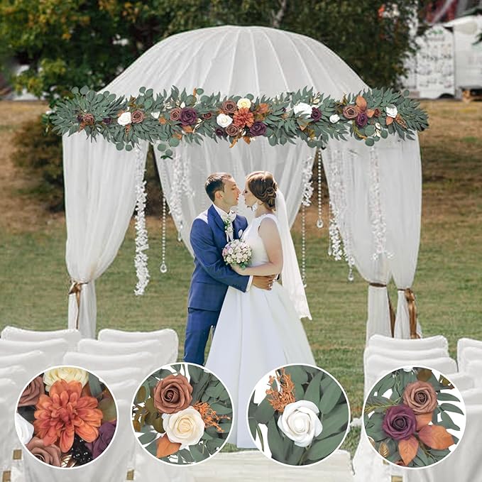 6Ft Burnt Orange Flower Garland, Fall Artificial Eucalyptus Garland with Flowers for Backdrop, Table Centerpiece, Fireplace, Rustic Wedding Arch Flowers, Bridal Shower Party Decor
