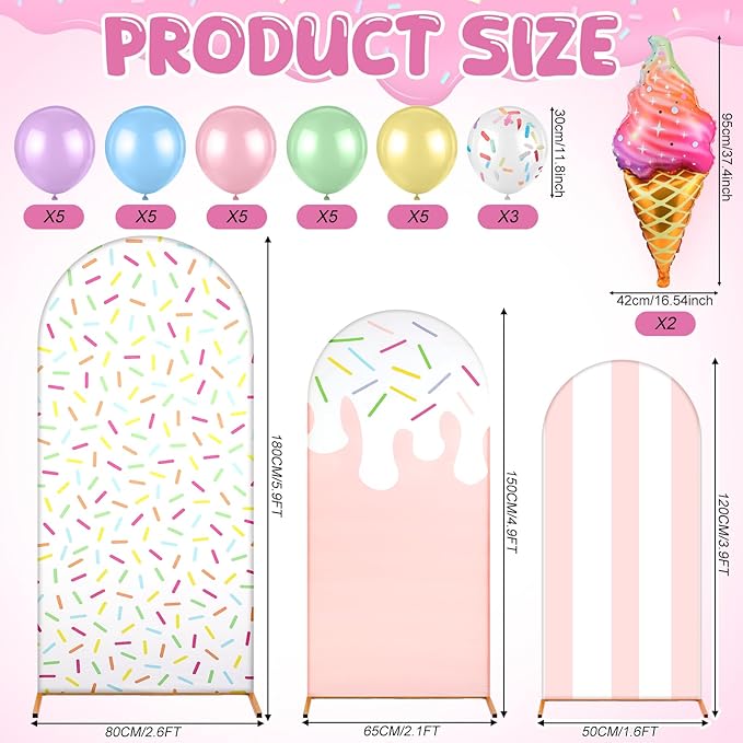 Foilswirl 34 Pcs Sweet One Birthday Decorations Pastel Donut Ice Cream Balloon Arch Backdrop Covers Pastel Spandex Arch Backdrop Cover with Ice Cream Foil Donut Balloons for Sweet Birthday Party