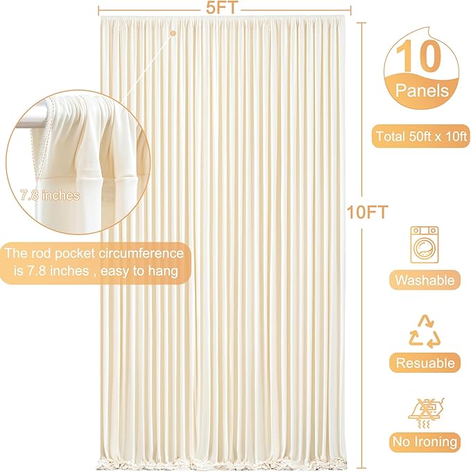 10 Panels Champagne Backdrop Curtain for Baby Shower Wrinkle Free 50ft x 10ft Backdrop Drapes Panels for Parties Wedding Bridal Shower Birthday Photo Photography Fabric Background Decoration